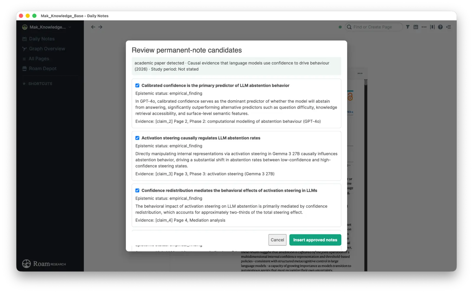 RoamPrompt review window showing academic permanent-note candidates with epistemic status and evidence locators