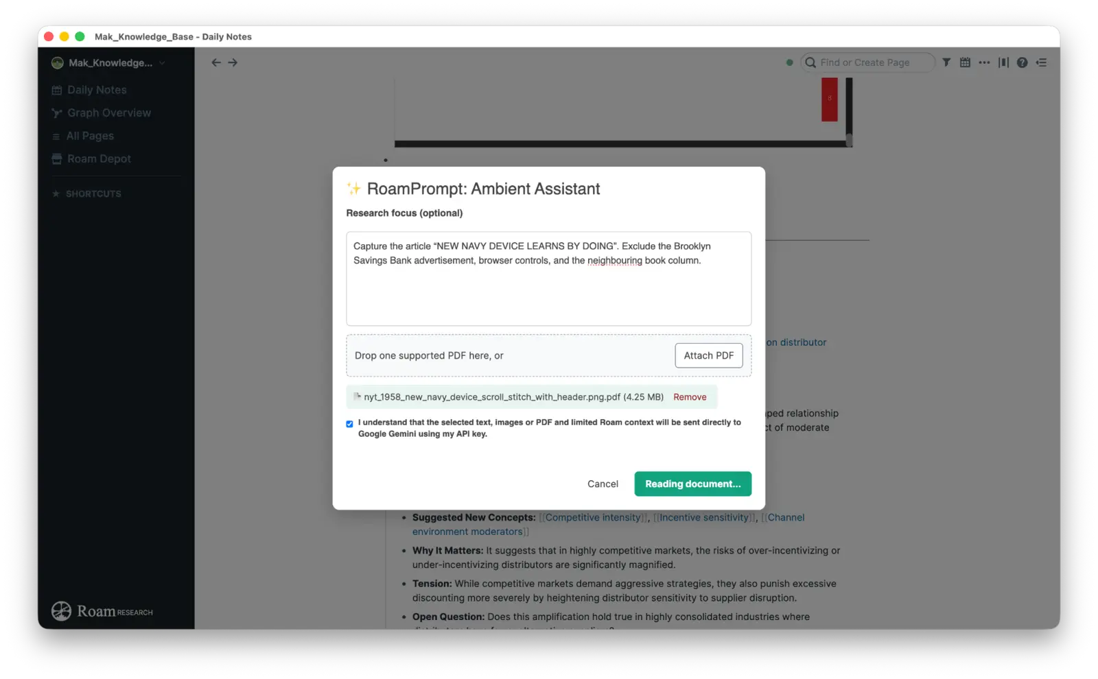 RoamPrompt Ambient Assistant with a 1958 New York Times clipping PDF and an article-isolation instruction