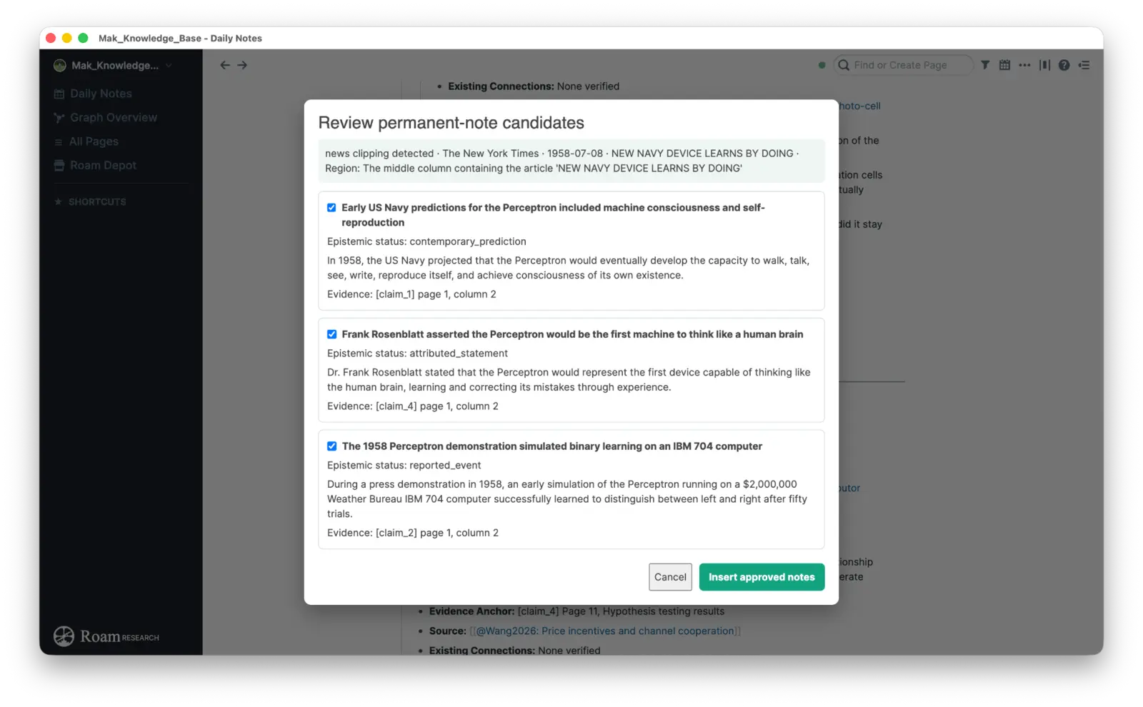 RoamPrompt review window showing permanent-note candidates from a 1958 New York Times clipping