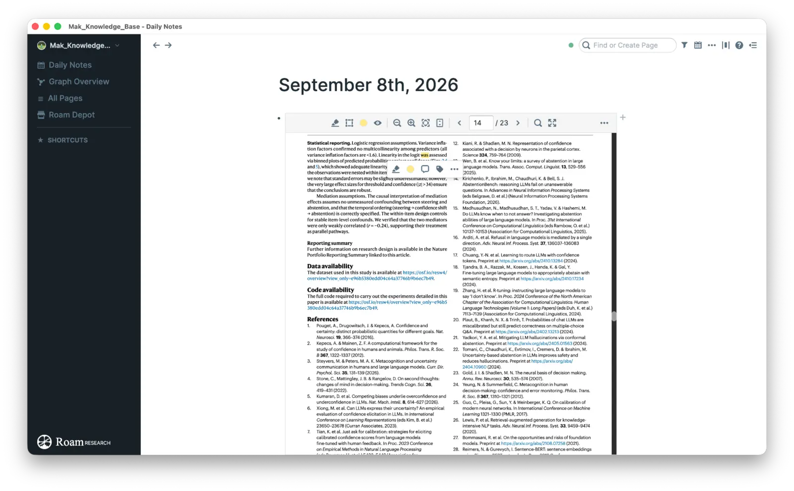 An academic PDF embedded and displayed on a Roam Research Daily Note