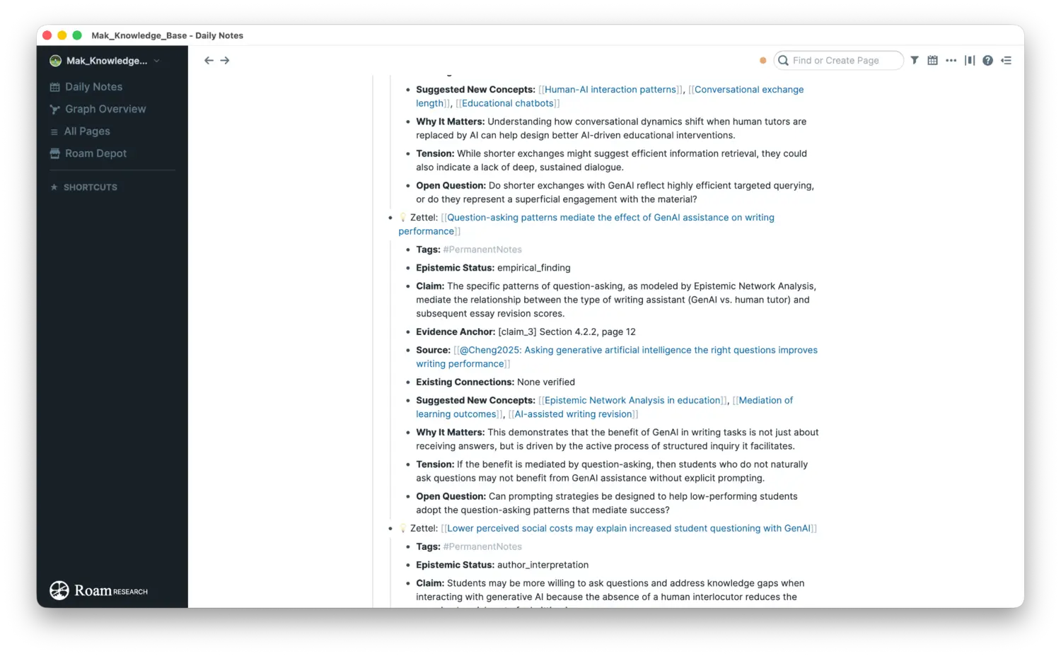 Permanent notes in Roam Research with claims, evidence anchors, and suggested concepts