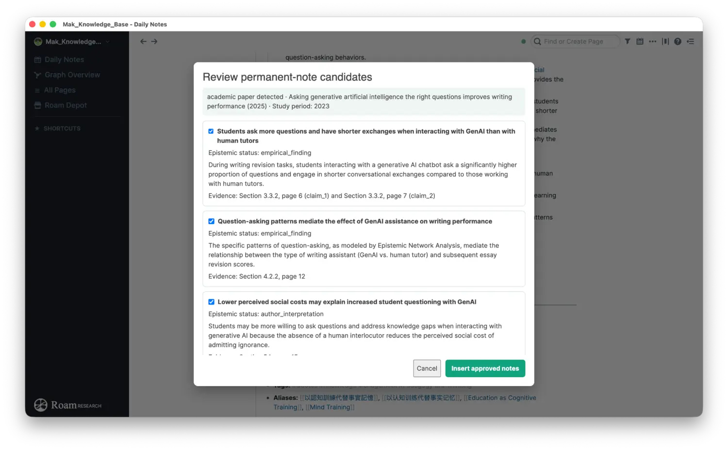 RoamPrompt review window with permanent-note candidates, epistemic status, and evidence locators