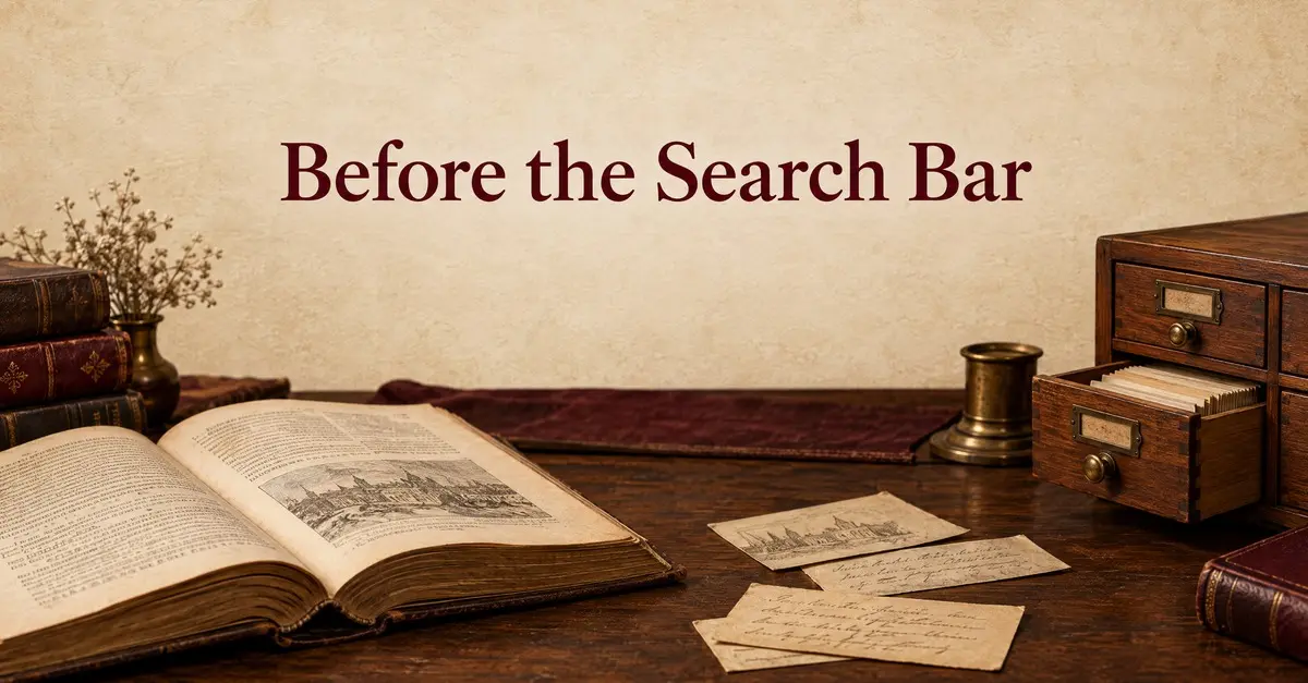 LinkedIn cover showing a scholarly desk with paper slips, books, and wooden drawers