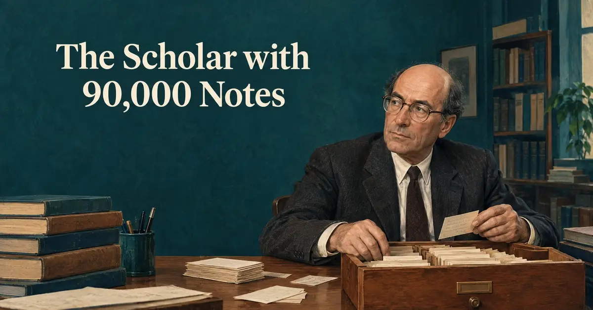 LinkedIn cover introducing Niklas Luhmann and his card-index practice; the portrait is an editorial illustration